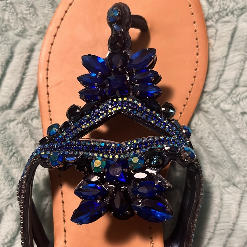Yellow Box Blue Crystal Embellished Flip Flops - 10 - Picture 5 of 6